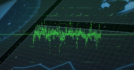 Wall Mural - Displaying green waveform pulsing on display, with gridlines, labels, trend line and world map HUD
