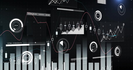 Wall Mural - displaying financial data on dark grid ui, showing bar charts, candlesticks, line graphs and gauges