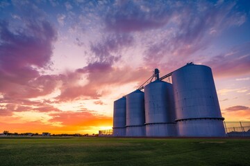 Wall Mural - sunset silos in a rural landscape