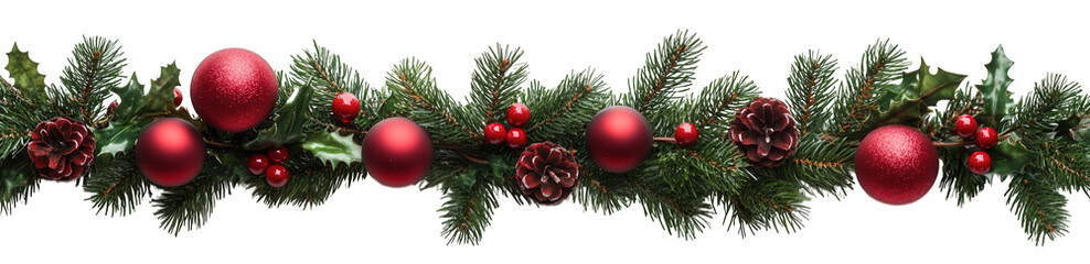 christmas garland with red ornaments, berries, pinecones, and fir branches isolated on transparent b