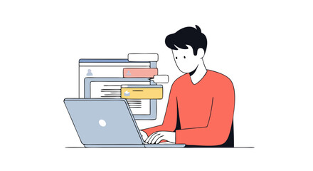 Person working on a laptop with multiple browser windows in a minimalist style illustration for business and technology concepts