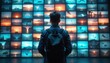 © Pete - Back view of person with backpack facing wall of screens displaying vibrant sunset, ocean landscapes. Modern technology merges with nature scenes. Digital media display creates immersive environment,