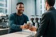 © Who is Danny - Smiling barista handing takeaway coffee to customer in stylish modern café with natural light and urban background during daytime service. Ai generative