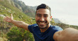 © Jordi D/peopleimages.com - Selfie, hiking and happy man in nature for vacation, POV and travel influencer show mountain. Asian person, portrait and profile picture for trekking, adventure and photo for social media in Cambodia