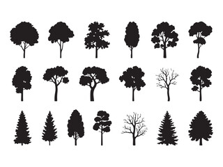 Silhouette of various tree types isolated on white background a collection of graphic elements depicting deciduous and coniferous trees for naturethemed designs