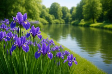Wall Mural - blooming purple irises beside a tranquil river under soft sunlight with lush green trees in the back