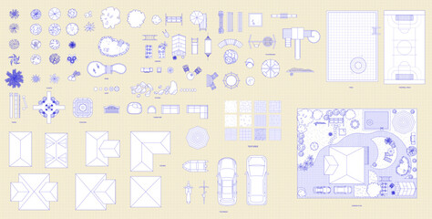 Wall Mural - garden top view. vector illustration of isolated garden items and fishing rod on white background. f