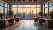 © Mamang Kalem - Modern office with panoramic city skyline view at sunset, featuring wooden desks, ergonomic chairs, and lush indoor plants in a bright, open workspace