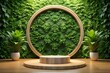 © Ripon Mia - A circular wooden frame and pedestal set against a lush green wall of plants, creating a natural and modern display backdrop for products