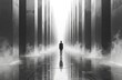© Pete - Silhouette of man stands in vast, futuristic maze-like corridor with towering, reflective pillars. Dramatic chiaroscuro lighting, swirling mist create disorienting atmosphere, mental fragmentation,