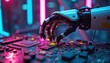 © Pete - High-tech robotic arm with precision grippers assembling circuit board. Neon lighting illuminates advanced automation process. Modern factory operation features AI, engineering, future manufacturing.