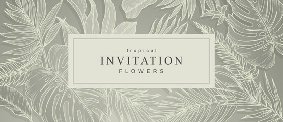 Wall Mural - Elegant vector floral background with tropical flowers and leaves for wedding invitation, save the date, packaging, greeting card design