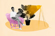 © deagreez - Exclusive sketch art collage of happy girl sit armchair flower pot indoor room interior lamp real estate apartment coziness