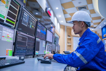 engineer working at control room, manager control system, technician man monitoring program from a l