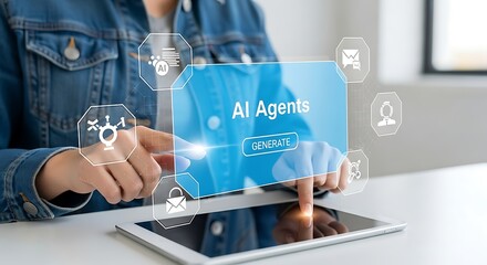 Ai agents and artificial intelligence concept with digital interface on tablet and icons