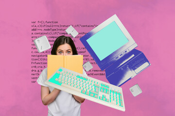 collage of funny business person relax coffee retro computer keyboard keys text programming code in 