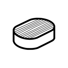 Isometric view of an oval shaped object with horizontal lines on top in black and white illustration