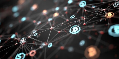 Wall Mural - abstract digital background illustrating cryptocurrency network connections with glowing nodes and s