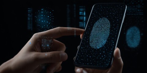 Wall Mural - fingerprint authentication technology: high-tech hand holding smartphone with digital fingerprint on