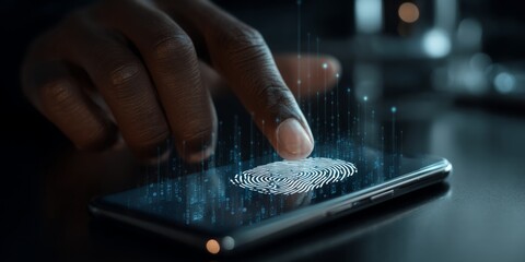 Wall Mural - close-up of a hand touching a smartphone screen displaying a digital fingerprint authentication tech