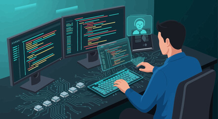 AI powered software developer working on code with multiple displays and virtual assistant concept for artificial intelligence development