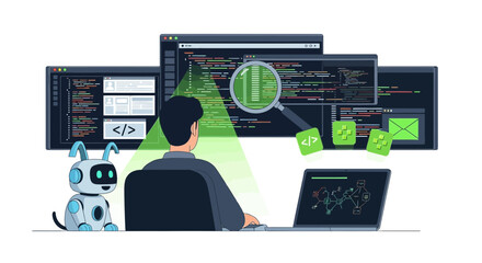 Cartoon illustration depicting a software developer coding with his robot assistant