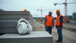 © cd - a pair of white earmuffs resting on a stack of concrete at a construction site, with blurred construction cranes in the background, created with generative ai