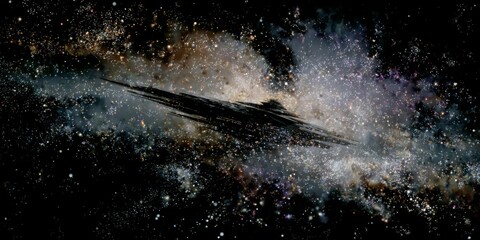 Wall Mural - Vast Cosmic Landscape with a Mysterious Dark Starship Silhouette Against a Sparkling Star Field of Wonders in Deep Space