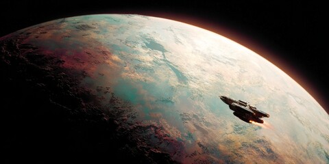 Wall Mural - Futuristic spaceship approaches colorful alien planet in a vast cosmos at twilight with vivid hues of blue, orange, and green reflecting space exploration serenity