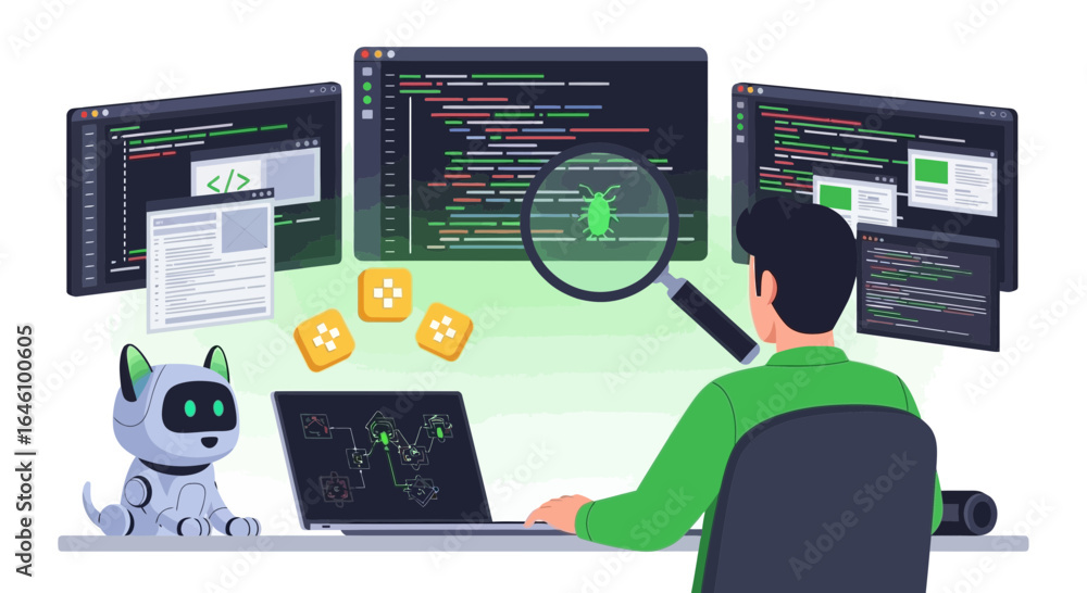 Debugging software code with magnifier, coding on screen, using AI and ...