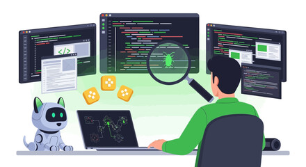 Debugging software code with magnifier, coding on screen, using AI and software development