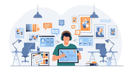 Creative workplace of designer working on web design and app development project