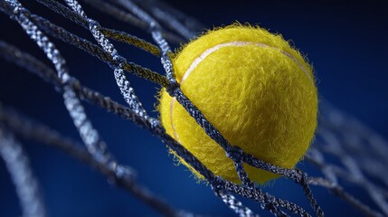 Tennis ball stuck in net with blue background, symbolizing difficulty, or an obstruction