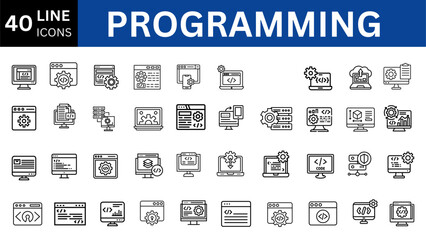 Programming set of web icons in line style. Software development icons for web and mobile app. Code, programmer, developer, information technology, coder and more. Vector illustration