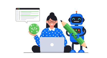 Empowering Innovation Woman Working With AI Assistant And Coding Interface