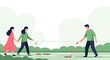 © Mutia - Illustrated scene of a couple walking holding hands with a man sprinkling petals on a pond