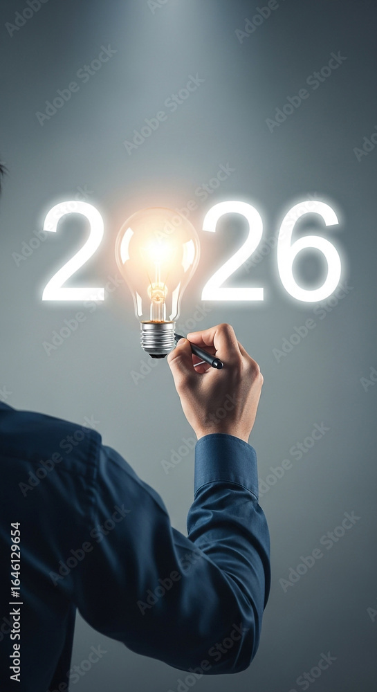 Photo of a person writing the year 2026 with a light bulb replacing the ...