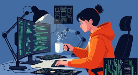 Illustration of a software developer coding at her desk with cup of coffee