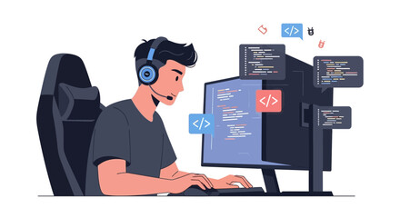 Illustrative depiction of a focused coder working on a computer project with headset