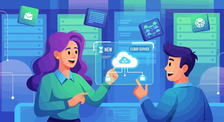 Illustration of cloud technology experts implementing modern cloud services for business