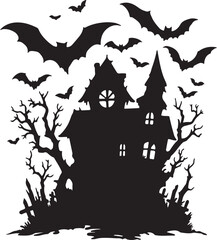 spooky haunted house with flying bats and bare trees