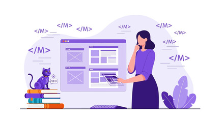 Website design and seo development concept with woman cat and computer interface application vector illustration in minimal style