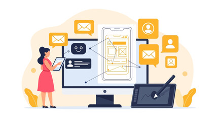 Woman working on application design using graphic tablet and mobile phone app development process visualized on computer screen
