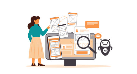 Woman developing mobile app design using AI technology for user interface and experience