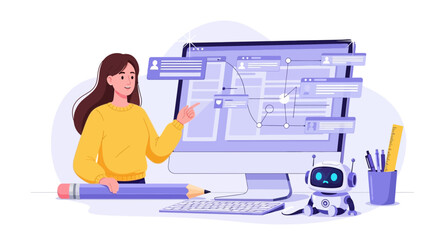 Woman explaining user interface development with assistance of chatbot and modern computer