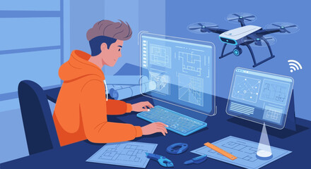 Young man using drone and computer for architectural project design and analysis