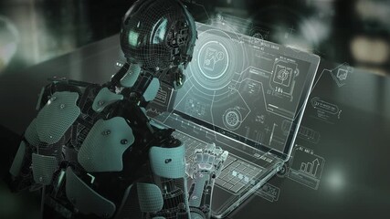 Sticker - robot using laptop with holographic interface, analyzing data
