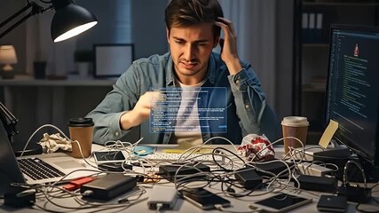 Overwhelmed Programmer Struggling with Complex Code and Cluttered Tech Devices on a Late Night Desk