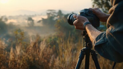 Wall Mural - photographer adjusts settings on a professional camera mounted on a tripod, capturing the serene bea