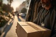 © whitestorm - A delivery man holding a cardboard box while standing near a delivery van with the doors open, ready to deliver the package with care and speed, on the city street.